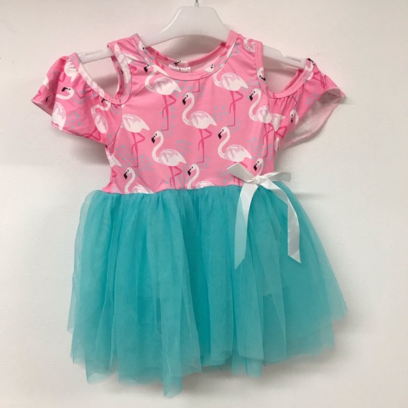 Little Girl Dress Kids Flamingo Cold Shoulder Tutu Tulle Girl Dress Summer Party - Picture 1 of 6